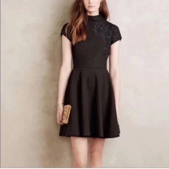 Anthropologie Plenty Tracy Reese Black Lace Applique Dress Fit Flare. SZ 6 Anthropologie Plenty Tracy Reese Black Lace Applique Dress Fit Flare. SZ 6